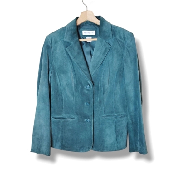 Preston & York Suede Leather Blazer Jacket Deep Teal Single-Breasted Notch Lapel - Picture 1 of 10
